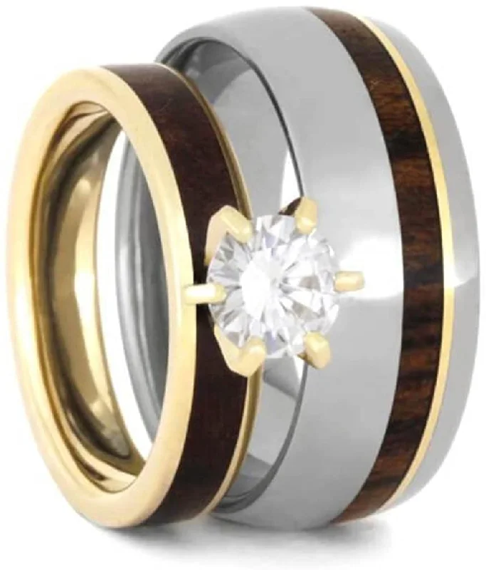 10k Yellow Gold Forever One Solitaire Maple Burl Ring, Titanium Ironwood Comfort-Fit Band, Couples Rings Size, M13-F6