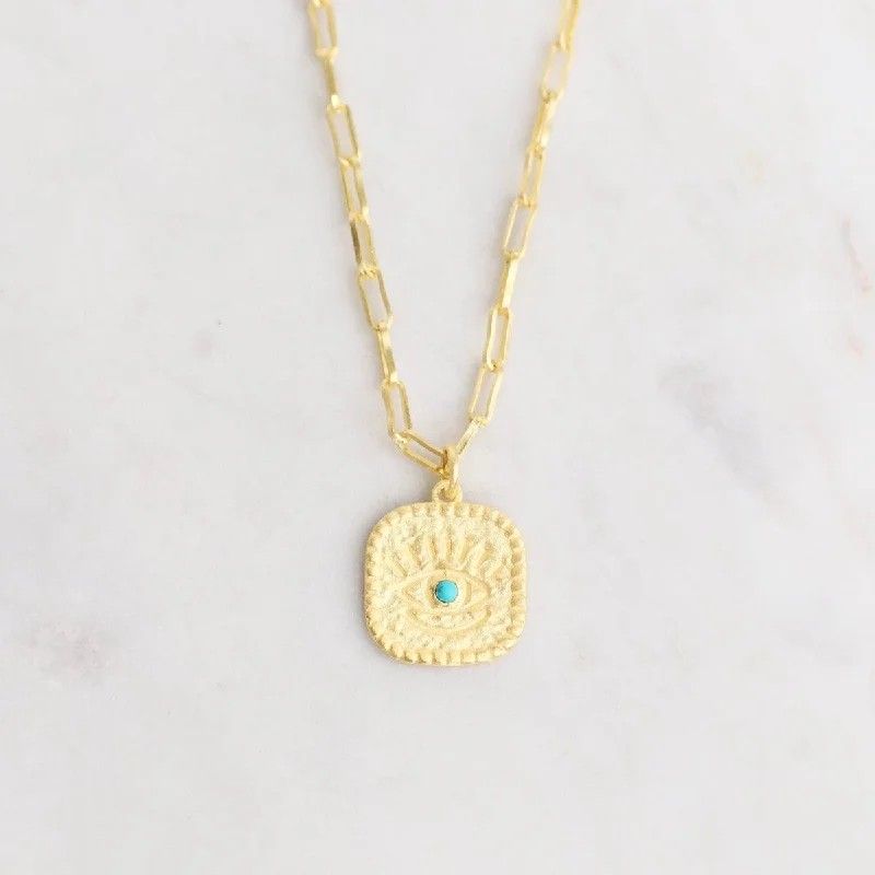 Gold Square Turquoise Eye Pendant Necklace