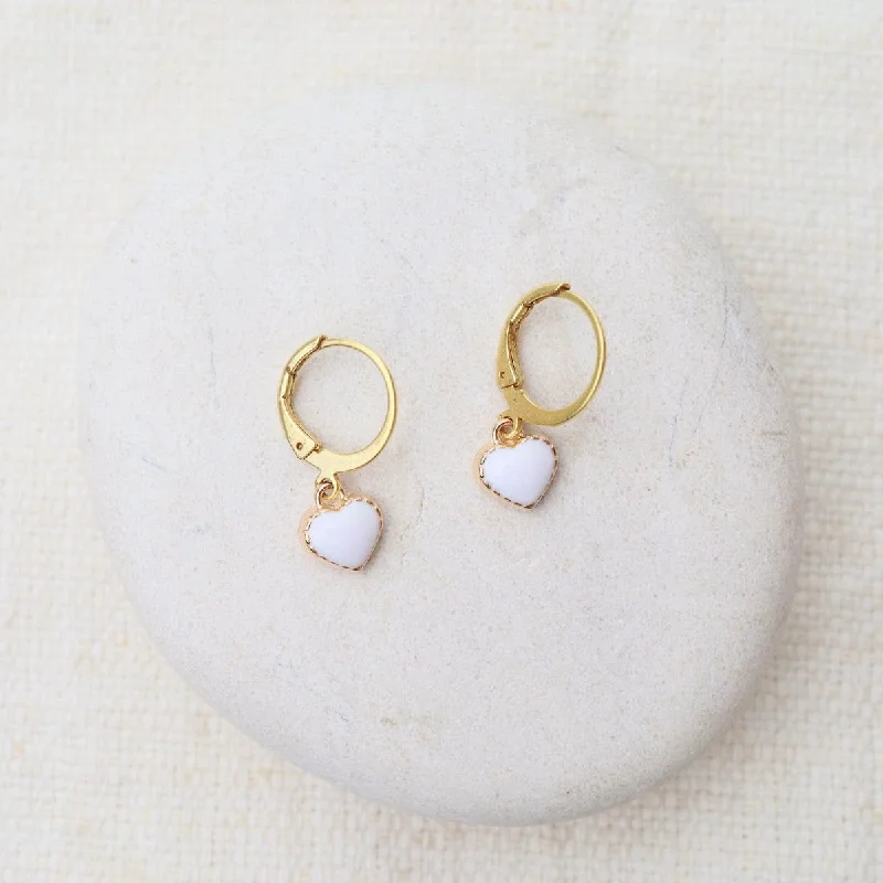 White Enamel Heart Drop Earrings - Gold Plate