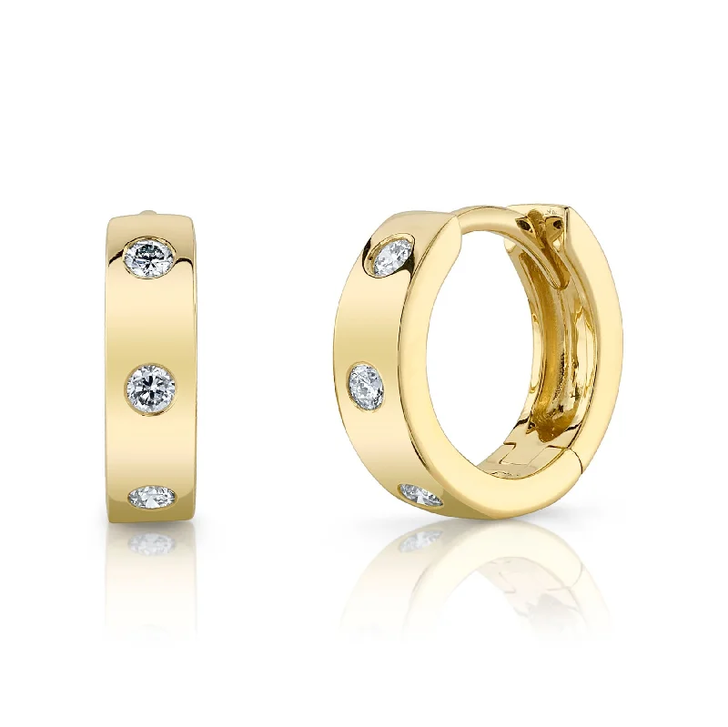 14K Gold 0.11 Carat Diamond Bezel Mini Huggie Hoops