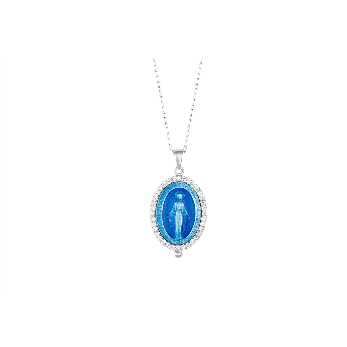 14K White Gold and Sterling Silver Large Virgin Mary Necklace with Diamonds, Blue Enamel