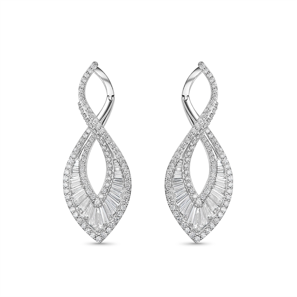 14K White Gold Baguette, Round and Tapered Baguette Waved Pear Design Drop Earrings