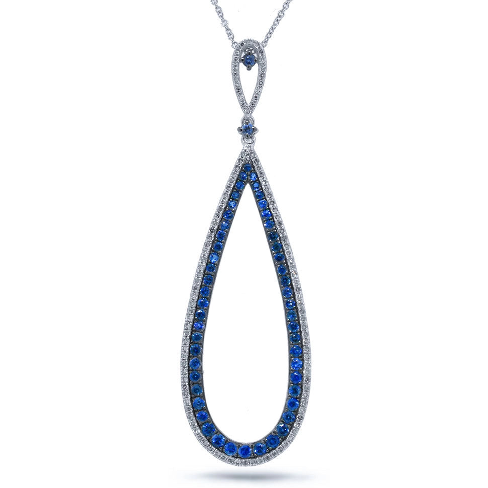 14K White Gold Blue Sapphire and Diamond Open Pear Design Necklace