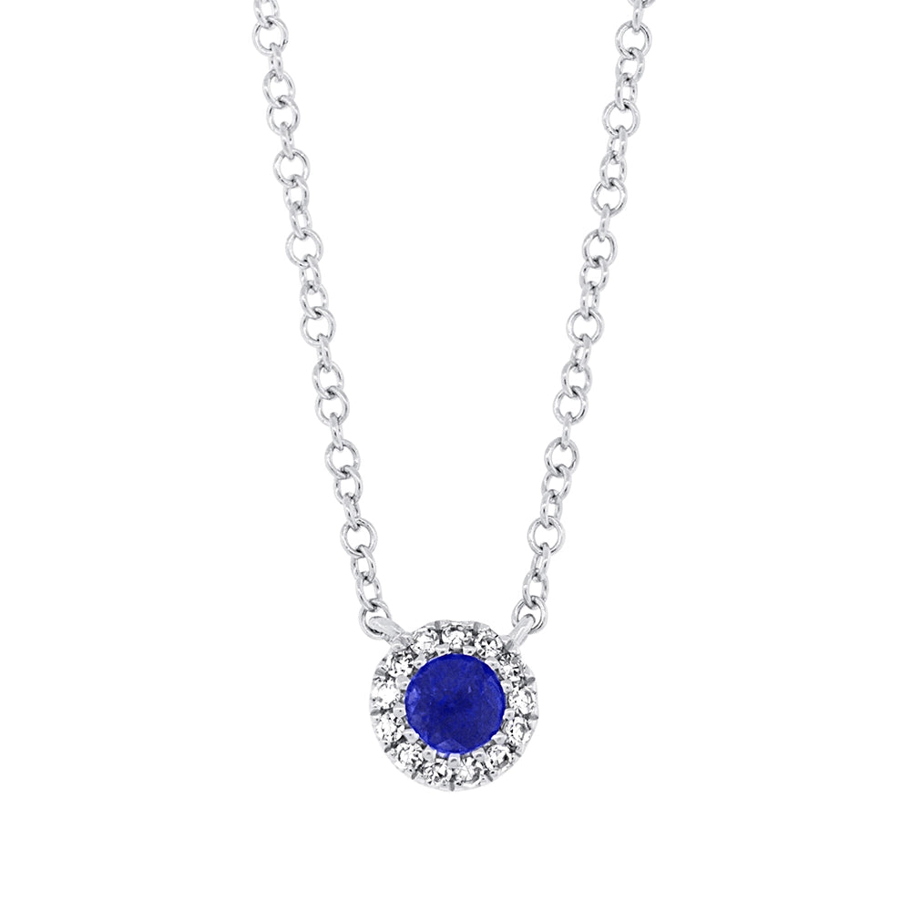 14K White Gold Blue Sapphire and Diamond Pendant Necklace