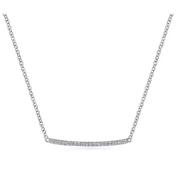 14K White Gold Curved Diamond Bar Necklace