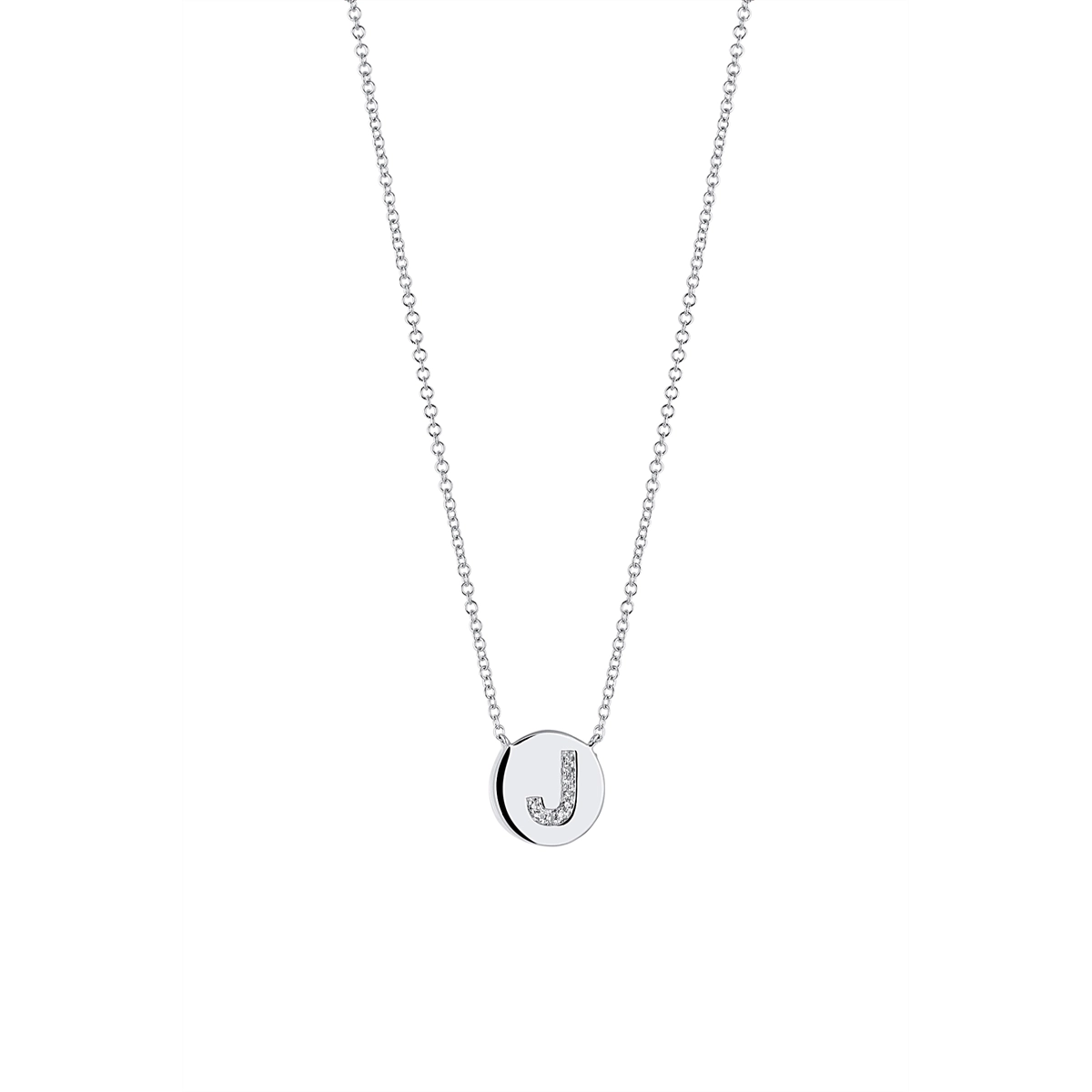 14K White Gold Diamond Disc Initial Necklace - J