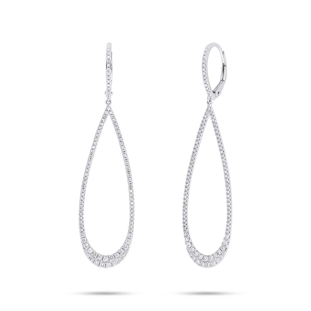 14K White Gold Diamond Earrings, Elongated Hallow Teardrop