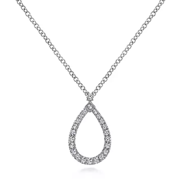 14K White Gold Open Pear Design Diamond Pendant Necklace