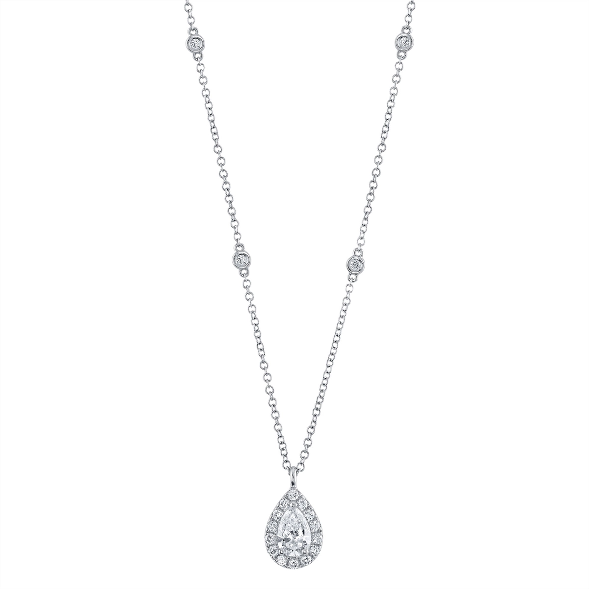 14K White Gold Pear Diamond Pendant Station Necklace