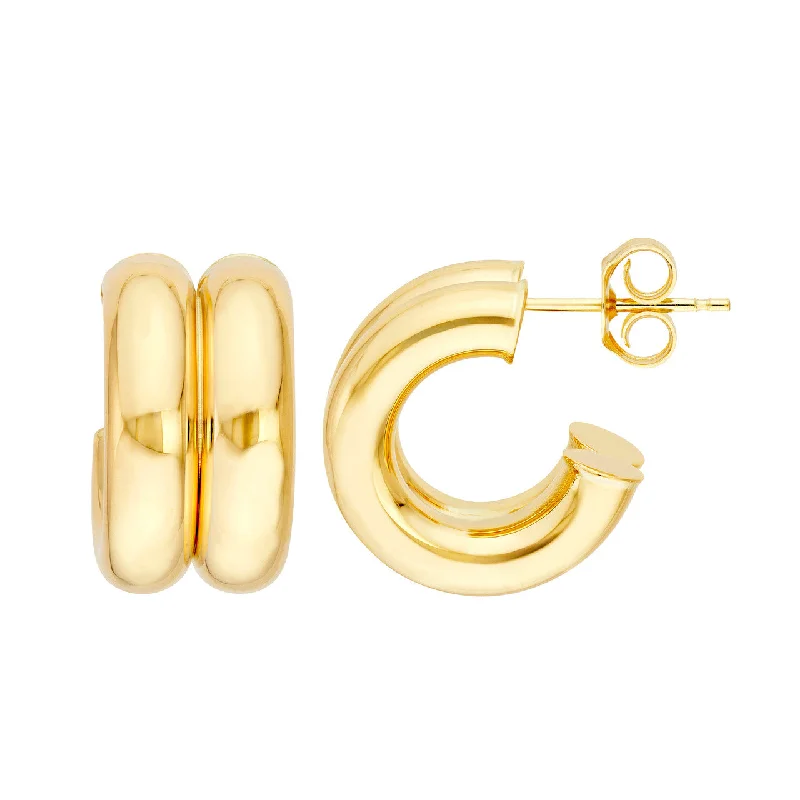 14K Yellow Gold 15mm Double Hoop Huggie Earrings