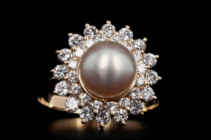 14K Yellow Gold 7.9mm Cultured Pearl & Diamond Double Halo Ring