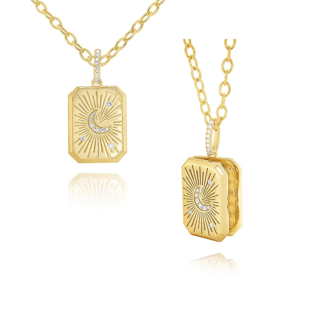 14K Yellow Gold Diamond Tarot Card Locket Necklace