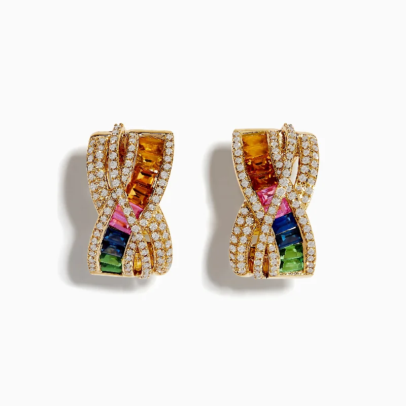 14K Yellow Gold Multi Color Sapphire and Diamond Crossover Hoop Earrings