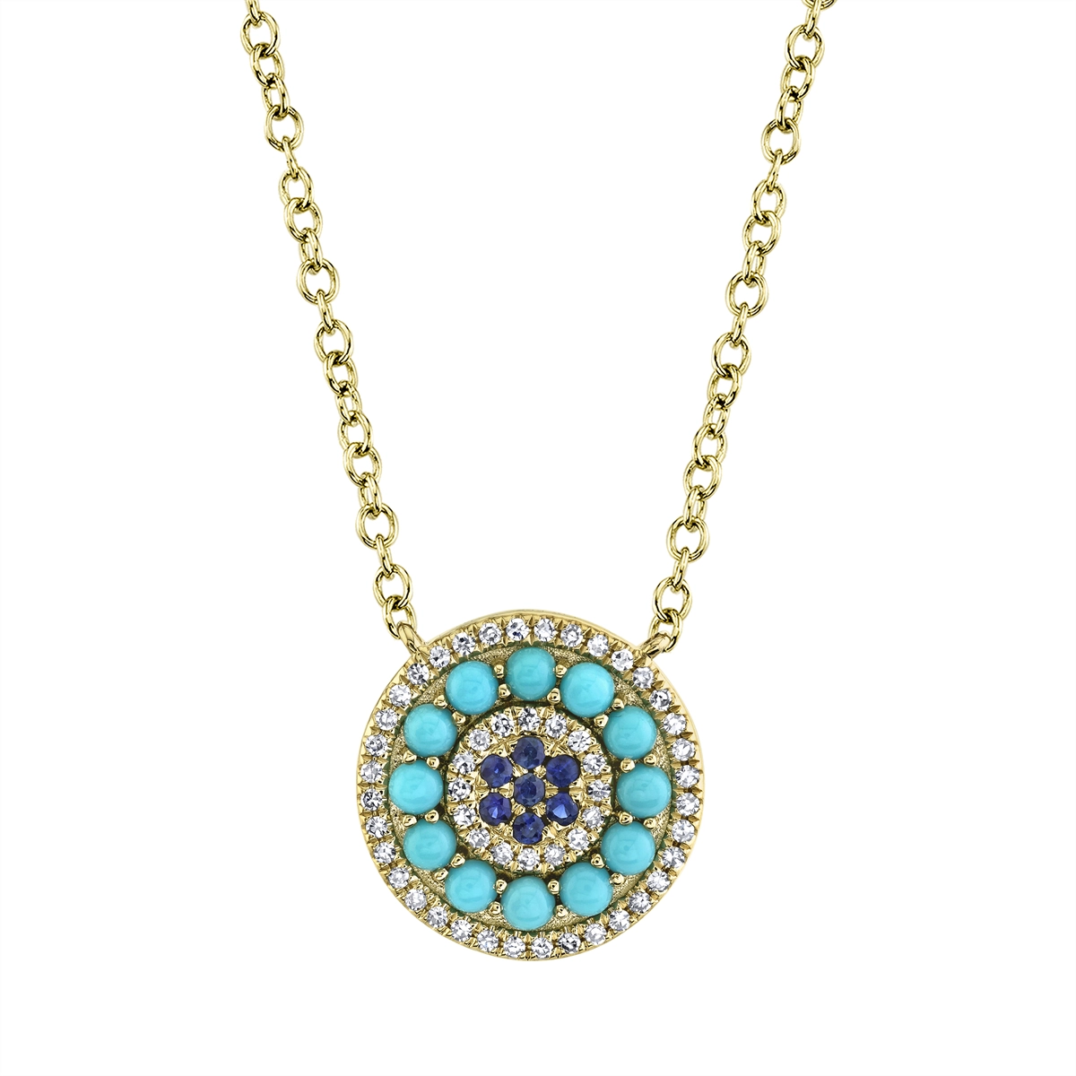 14K Yellow Gold Necklace with Round Sapphire & Composite Turquoise with Diamond Halo