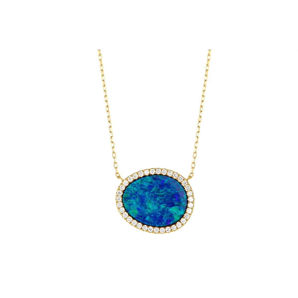 14K Yellow Gold Opal Necklace with Diamonds and Chain