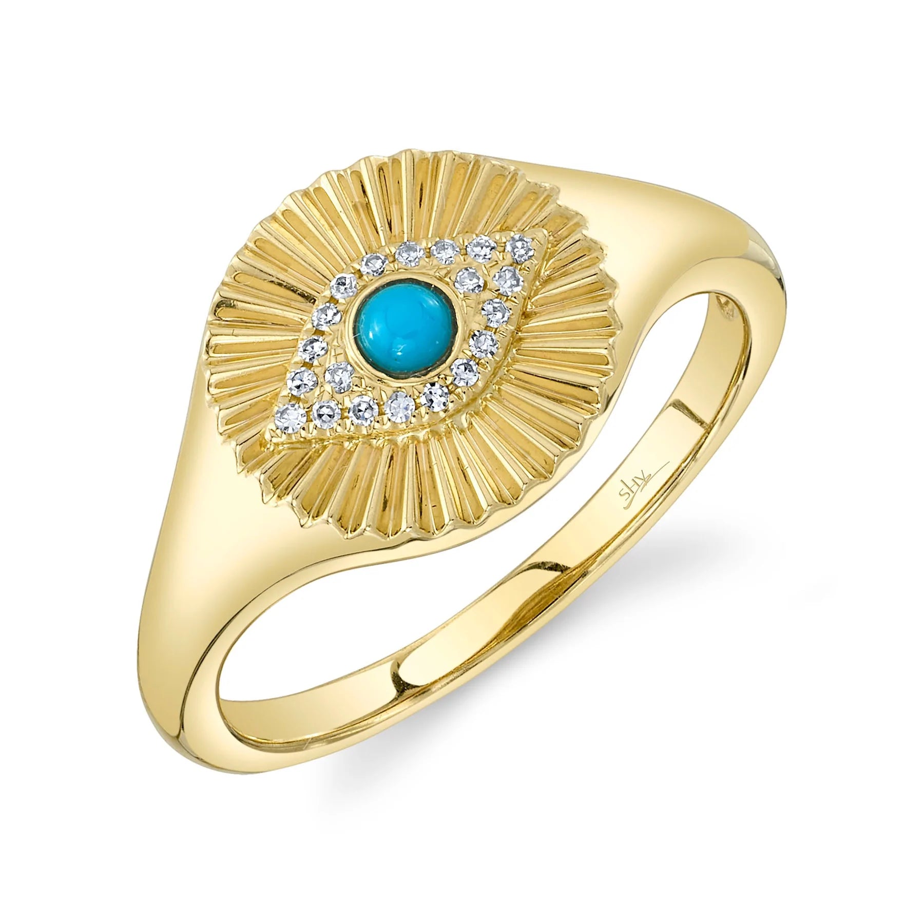 14K Yellow Gold Turquoise & Diamond Evil Eye Signet Ring