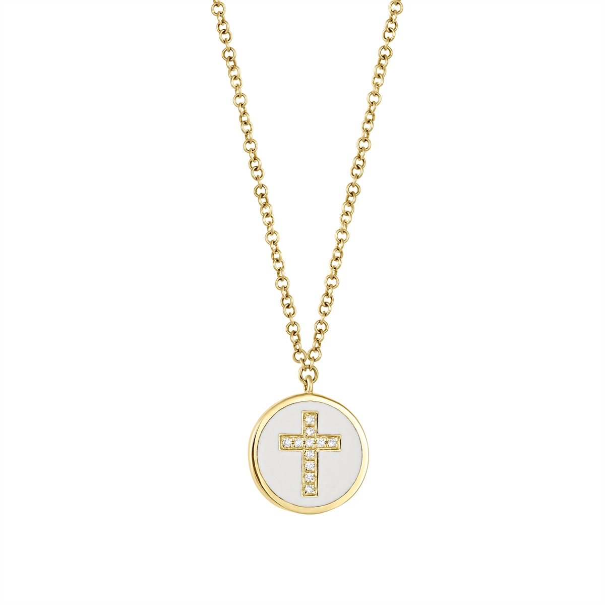 14K Yellow Gold White Enamel Diamond Cross Necklace