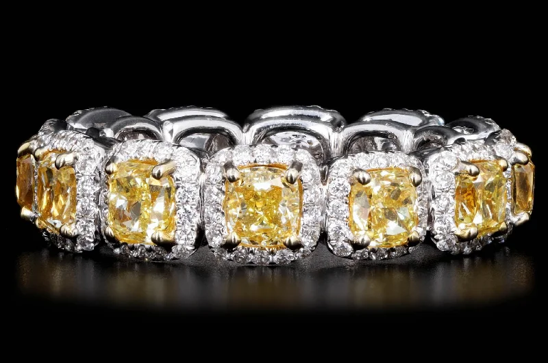 18K White Gold 4.77 Carat Total Weight Fancy Yellow Cushion Diamond Halo Eternity Band