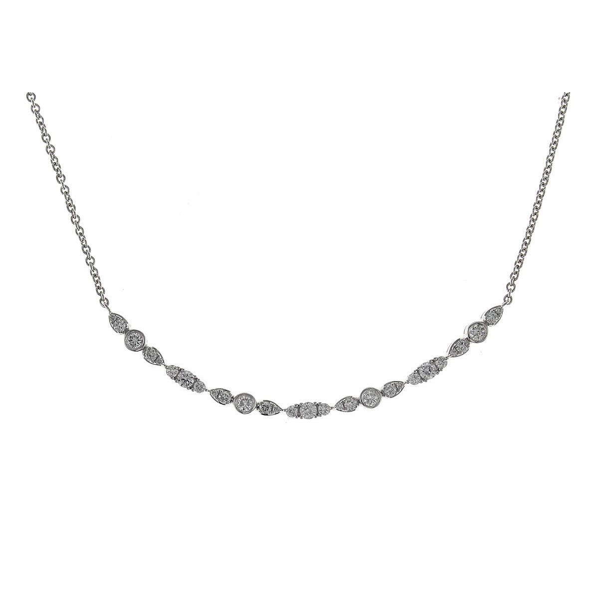 18K White Gold Curved Diamond Necklace with Marquise and Pear Design