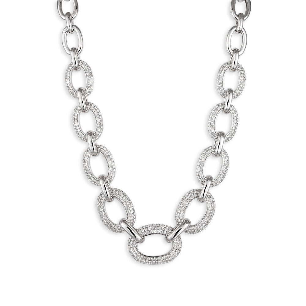 18K White Gold Diamond Oval Chain Link Necklace