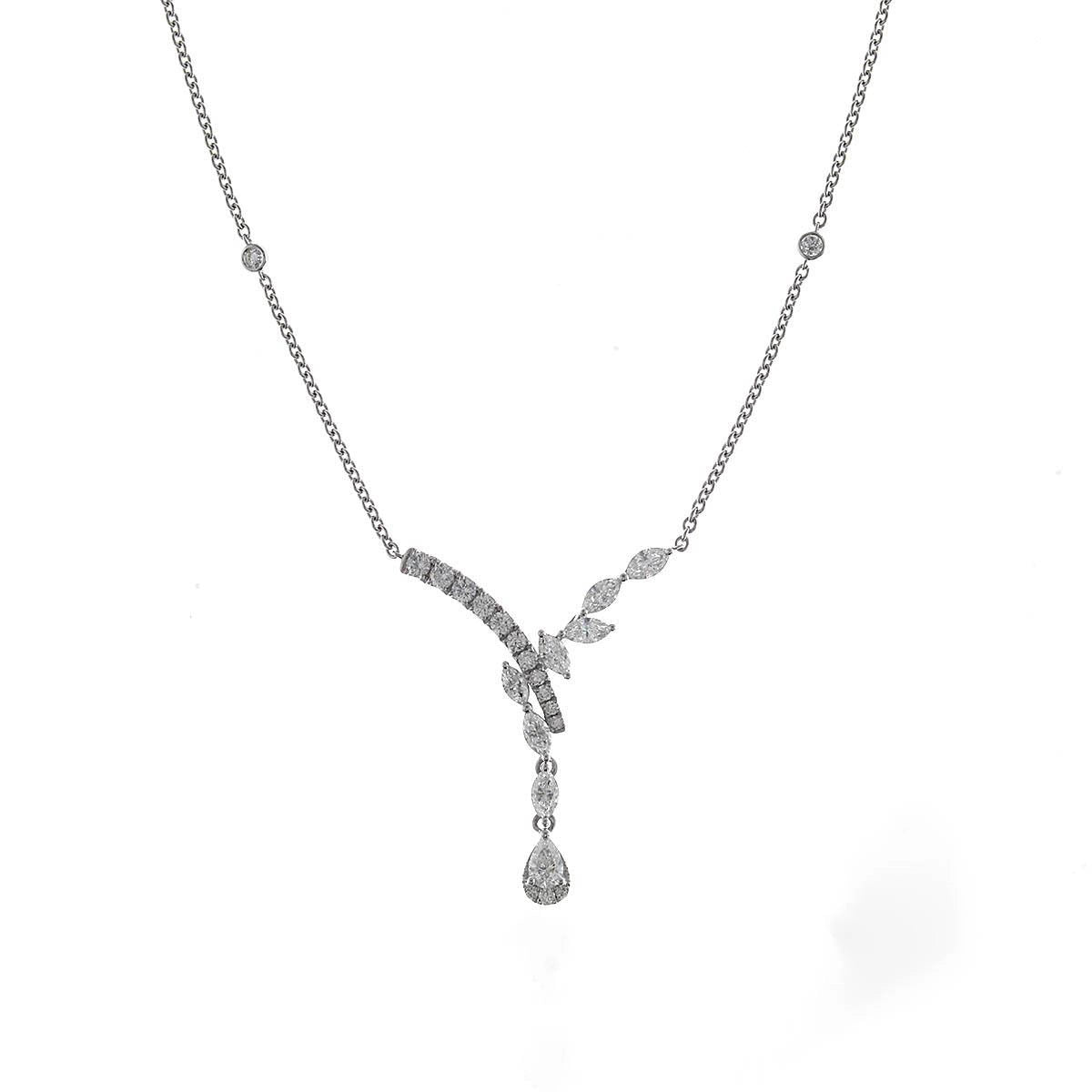 18K White Gold Fancy Diamond Necklace with Round, Marquise and Pear Diamonds