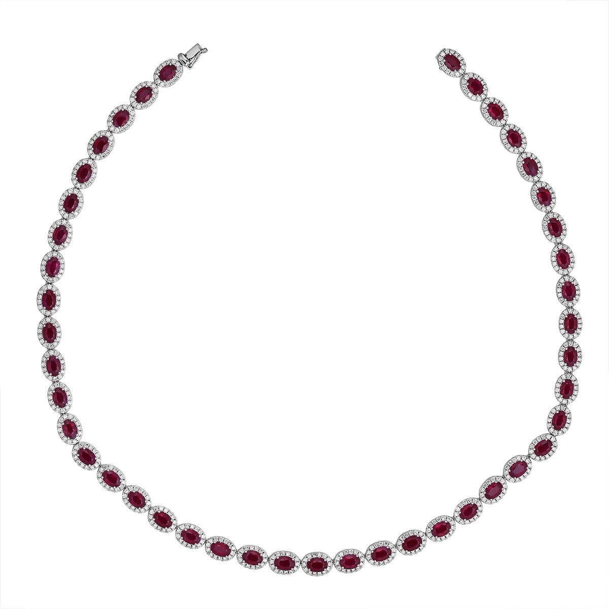 18K White Gold Oval Ruby Necklace with Diamond Halos