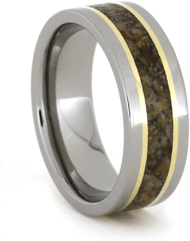 18k Yellow Gold Pinstripes, Multi-Color Dino Bone 7mm Comfort-Fit Titanium Band, Size 11.5