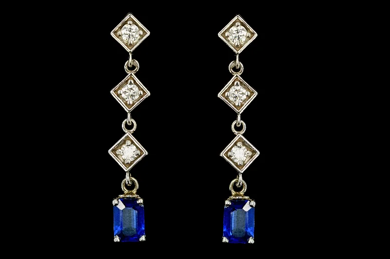 14K White Gold Natural Sapphire & Diamond Drop Earrings