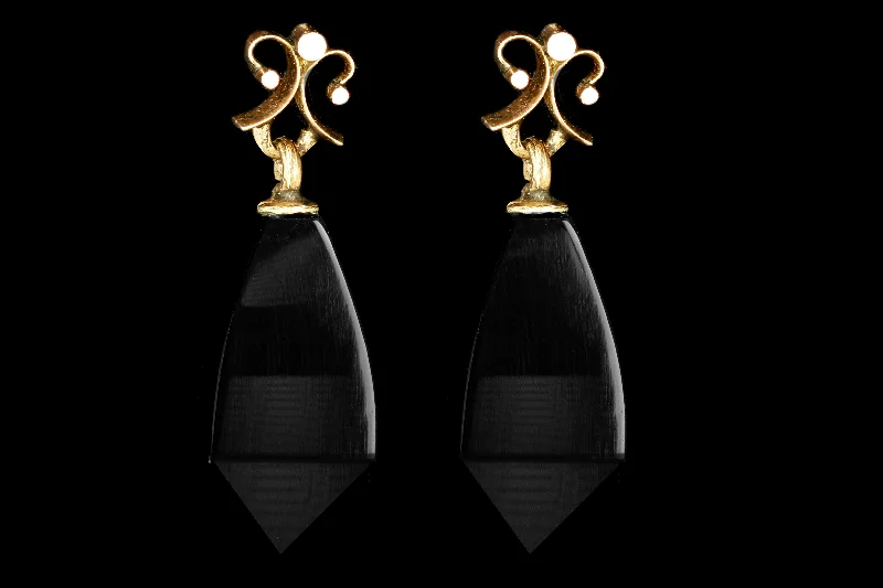 Victorian 10K Yellow Gold Onyx Drop Earrings