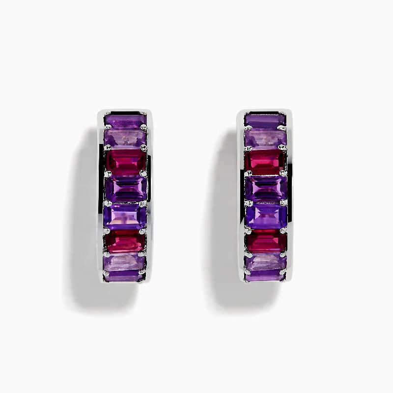 925 Sterling Silver Amethyst and Rhodolite Huggie Hoop Earrings