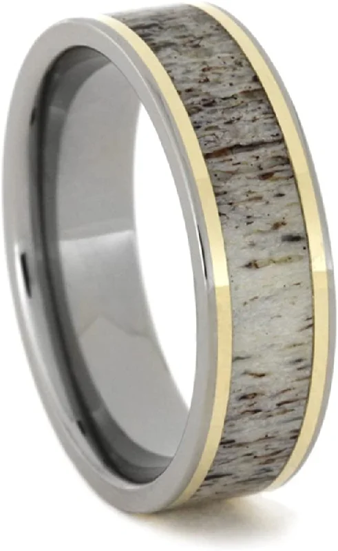 Antler Inlay, 14k Yellow Gold Pinstripe 7mm Comfort-Fit Titanium Ring, Size 11.5