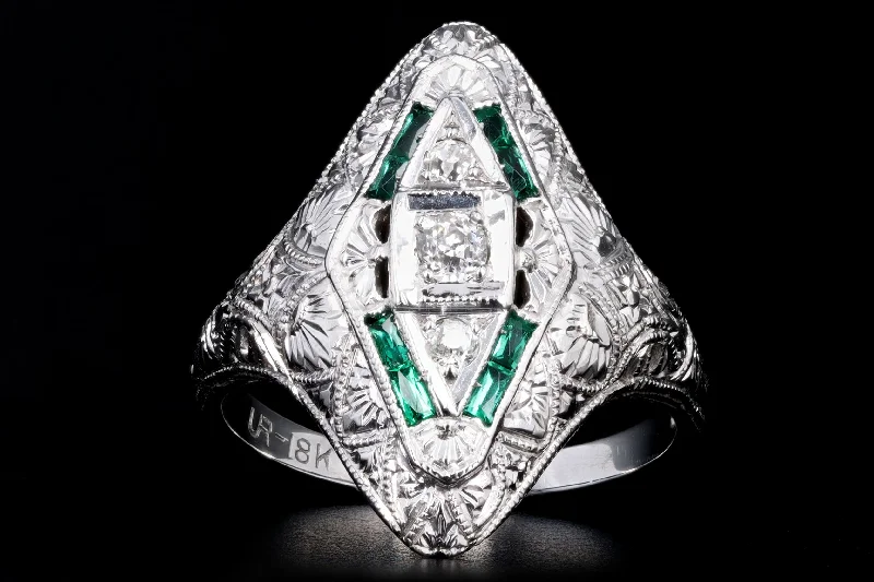 Art Deco 18K White Gold Old European Diamond & Synthetic Emerald Filigree Ring