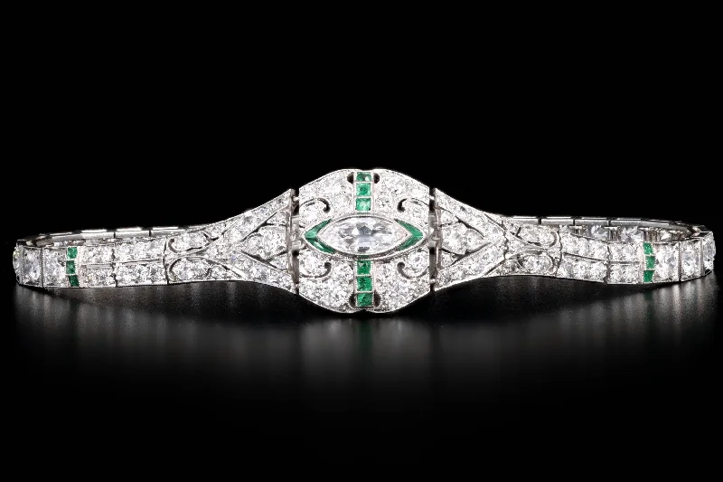 Art Deco Morse Brothers Platinum 5.45 Carat Total Weight Marquise Cut Diamond & Emerald Bracelet