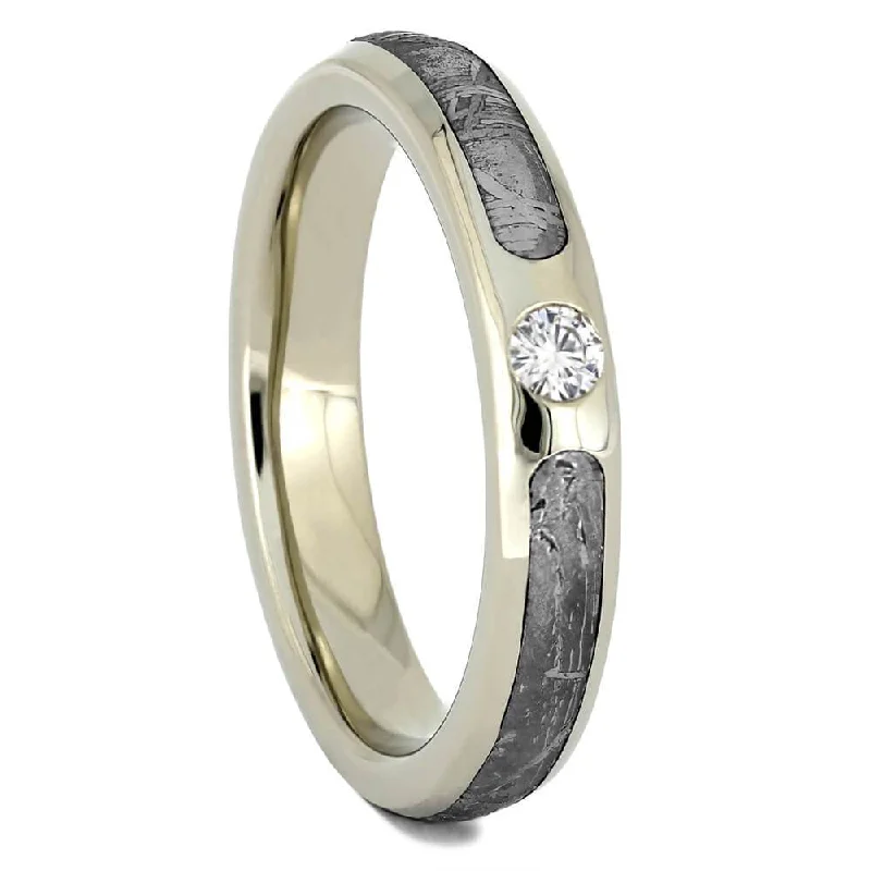 Ave 369 Women's 14k White Gold with Moissanite and Gibeon Meteorite Inlay 3.5mm Comfort-Fit Wedding Band