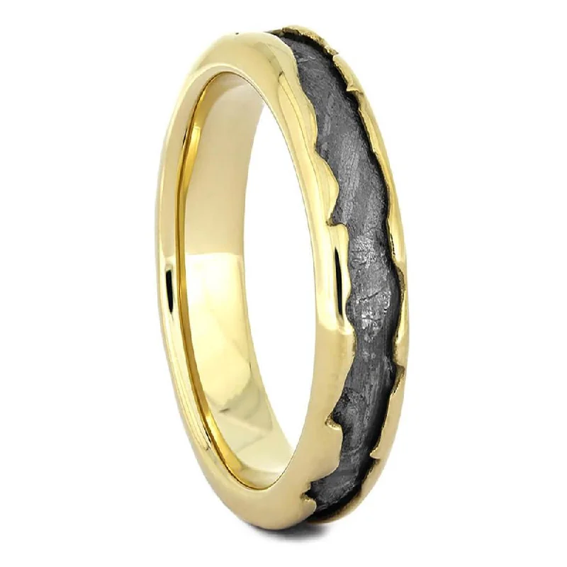 Ave 369 Women's 14k Yellow Gold Wavy, Gibeon Meteorite Inlay 5mm Comfort-Fit Wedding Band