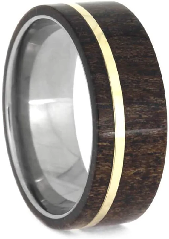 Black Mesquite Wood, 14k Yellow Gold Pinstripe 8mm Comfort-Fit Titanium Band, Size 15