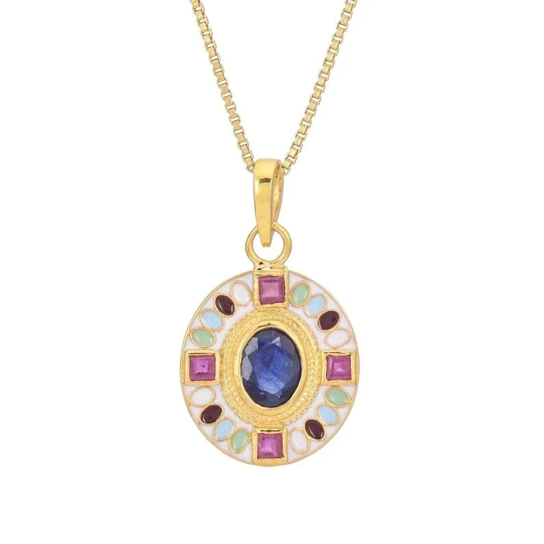 Enameled Sapphire and Ruby Pendant Necklace