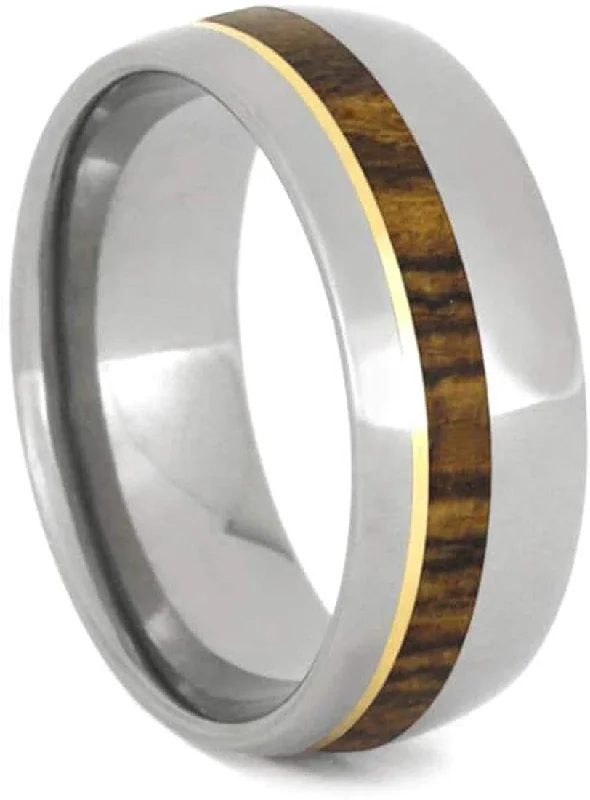 Bocote Wood, 14k Yellow Gold Pinstripe 8mm Comfort-Fit Titanium Band, Size 12.25