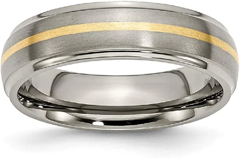 Brushed Titanium 6mm Ridged Edge, 14k Yellow Gold Inlay Comfort-Fit Band, Size 6.5