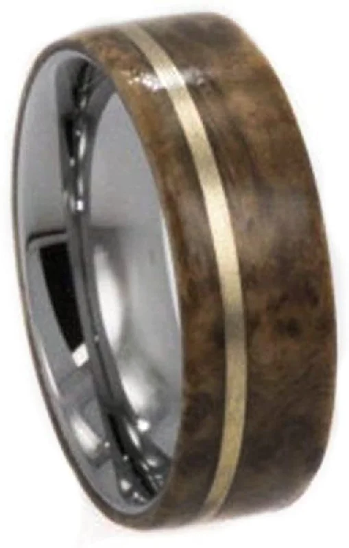 Buckeye Burl Wood, 14k Yellow Gold Pinstripe 8mm Comfort-Fit Titanium Band, Size 7.5