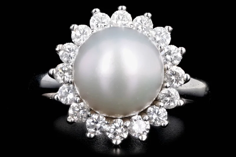 14K White Gold 9mm Cultured Pearl & Diamond Halo Ring