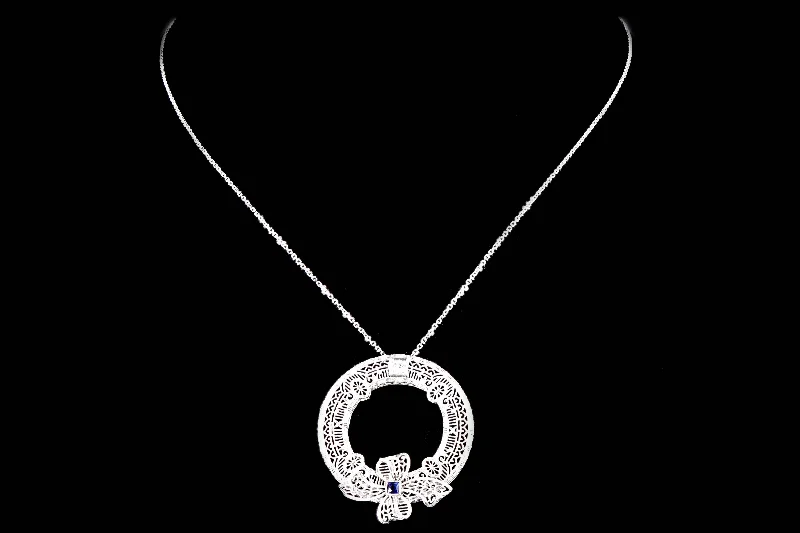 Art Deco 14K White Gold Diamond & Synthetic Sapphire Pin Conversion Pendant Necklace