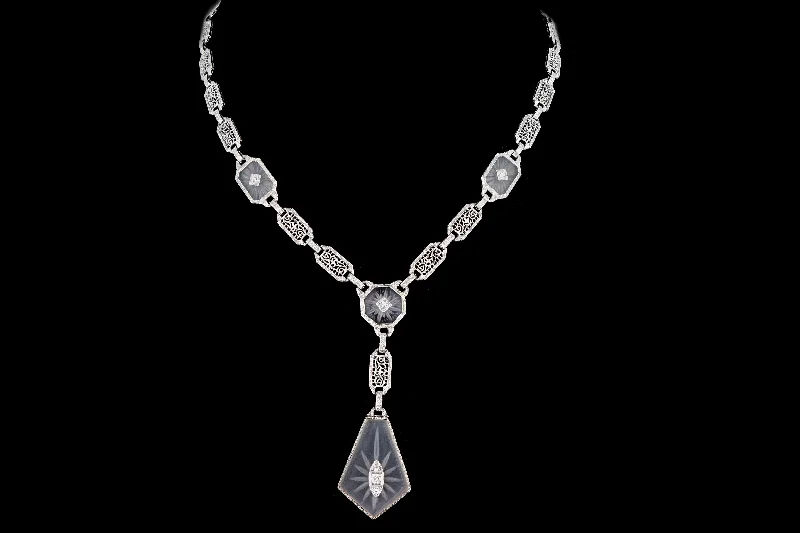 Art Deco 14K White Gold Filigree Rock Crystal & Diamond Necklace