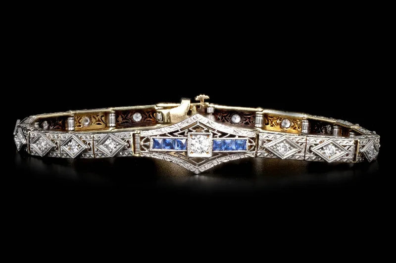 Art Deco 18K & Platinum Old European Cut Diamond & Natural Sapphire Filigree Bracelet