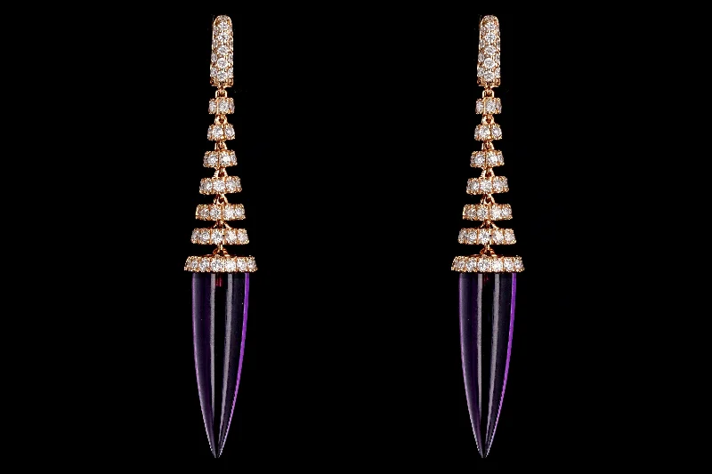 Modern 18K Rose Gold 14.5 Carat Amethyst & Diamond Drop Earrings