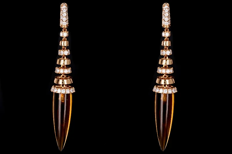 Modern 18K Yellow Gold 14.50 Carat Citrine & Diamond Drop Earrings