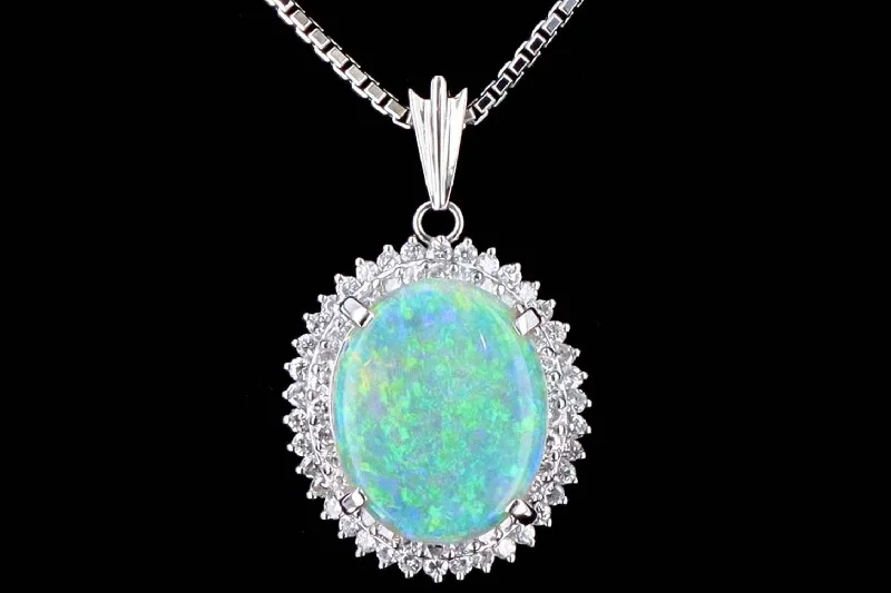 Modern Platinum 3.45 Carat Opal & Diamond Pendant Necklace