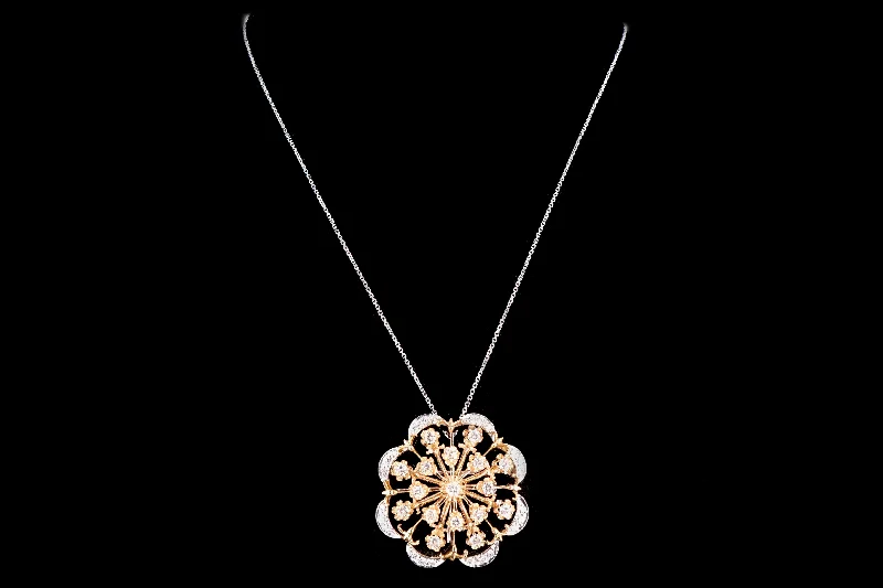 Retro 14K Gold 1.5 Carat Round Brilliant Diamond Flower Pin Conversion Pendant Necklace