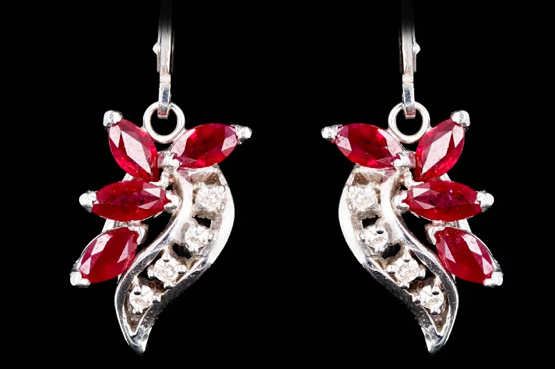 Retro 14K White Gold Natural Ruby & Diamond Drop Earrings