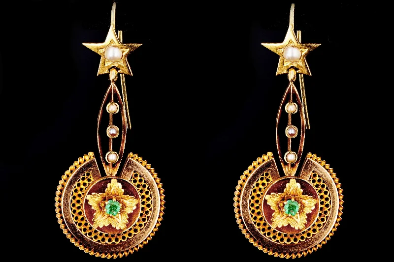 Victorian 18K Yellow Gold Emerald & Pearl Drop Earrings